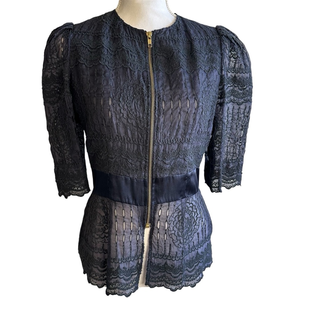 SRETSIS By Pim Sukhahuta Navy Blue Eyelet Lace 3/4 Sleeve Blouse Top * SZ 6